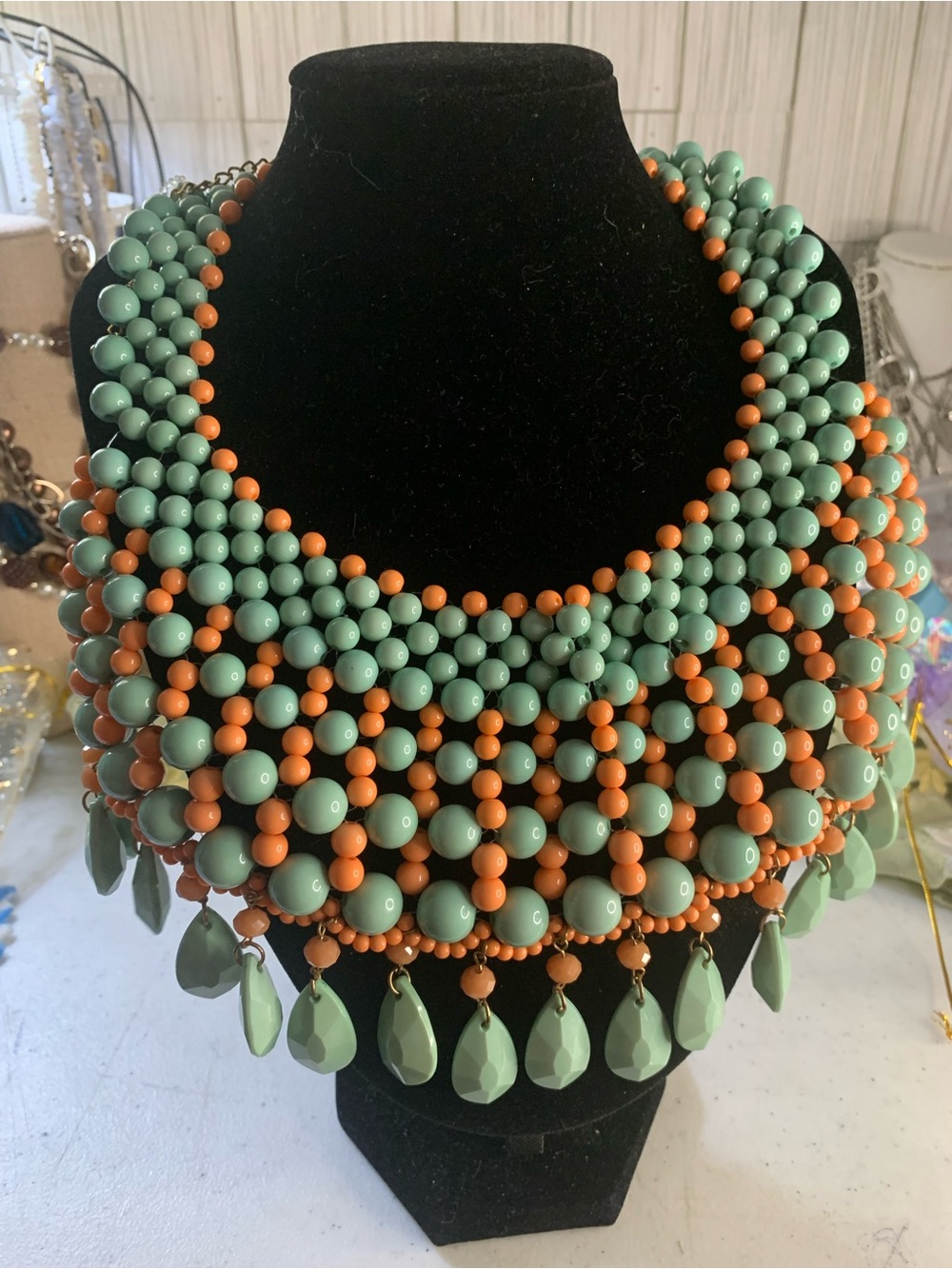 Lucite Statement Mint Green and Coral Beaded Bib Necklace